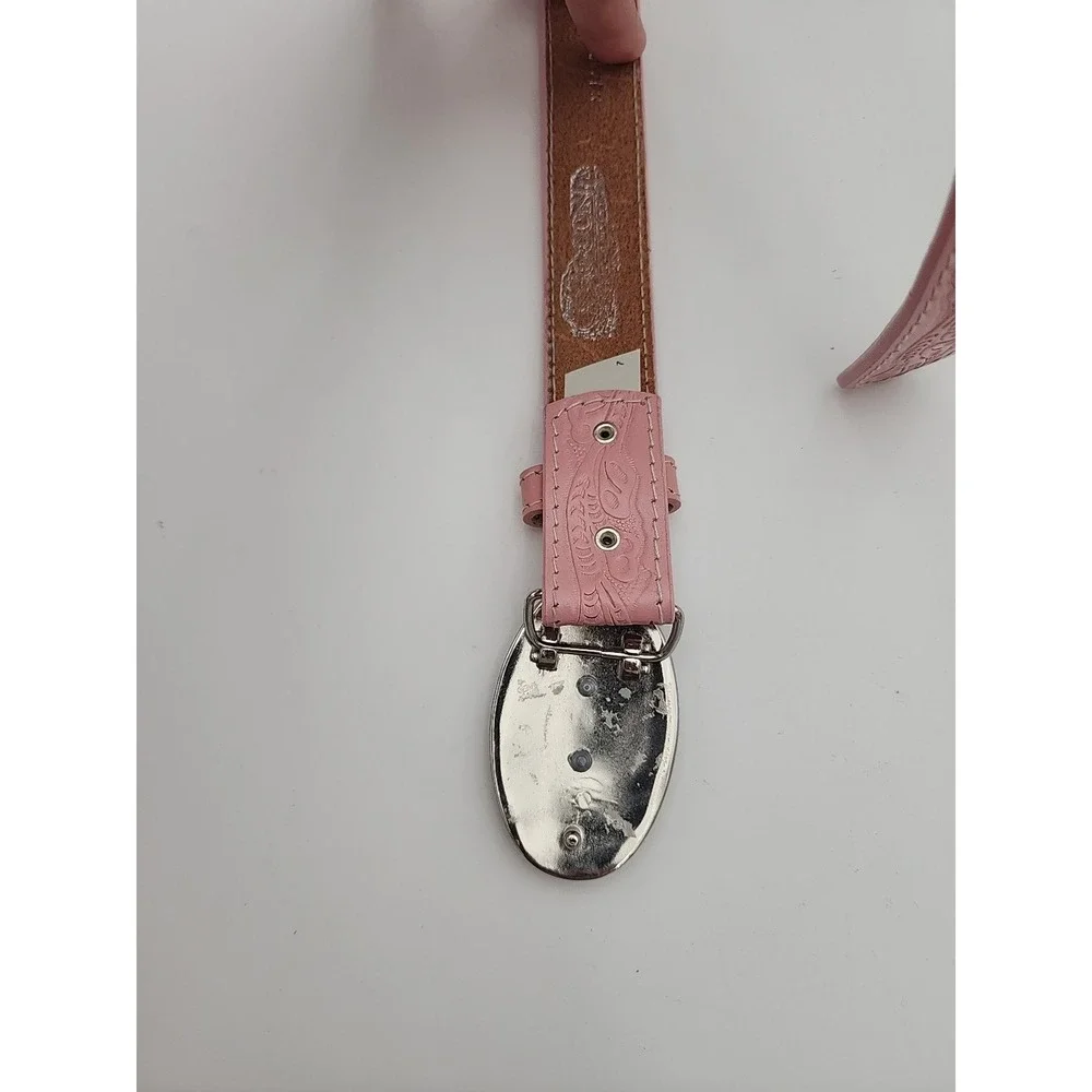Nocona Belt Co Girls Pink Floral Tooled Leather Belt W/Horsehead Buckle 28